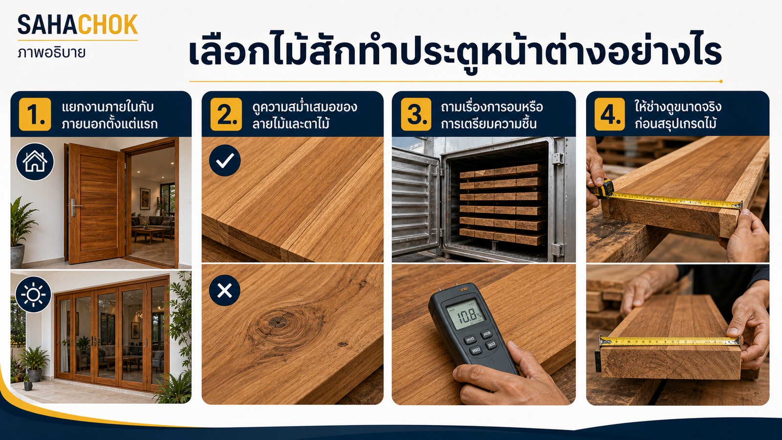 กราฟิกอธิบายประกอบบทความ เลือกไม้สักทำประตูหน้าต่างอย่างไร ให้เหมาะกับงานจริง