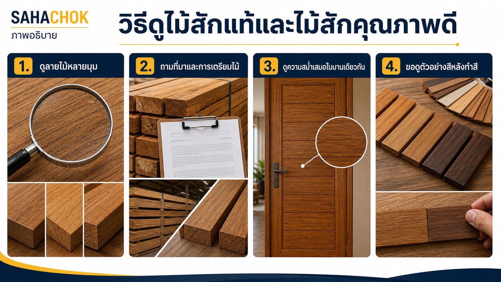 กราฟิกอธิบายประกอบบทความ วิธีดูไม้สักแท้และไม้สักคุณภาพดี ก่อนสั่งทำประตูหน้าต่าง