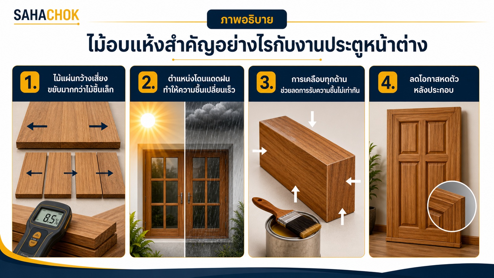 กราฟิกอธิบายประกอบบทความ ไม้อบแห้งสำคัญอย่างไรกับงานประตูหน้าต่าง