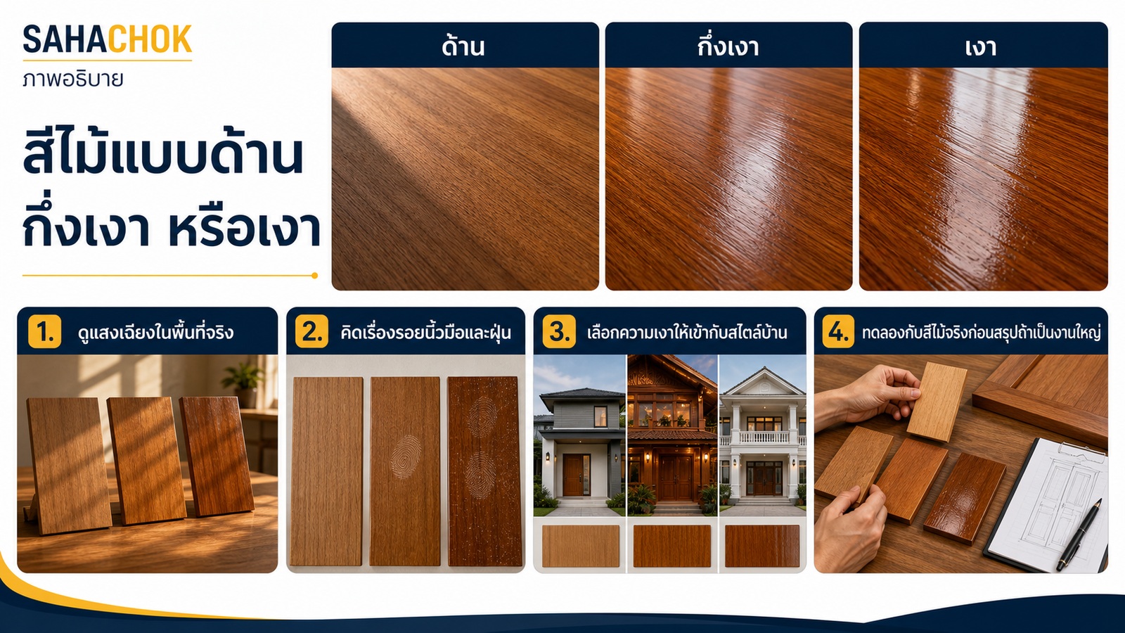 กราฟิกอธิบายประกอบบทความ สีไม้แบบด้าน กึ่งเงา หรือเงา เลือกแบบไหนให้เหมาะกับบ้าน