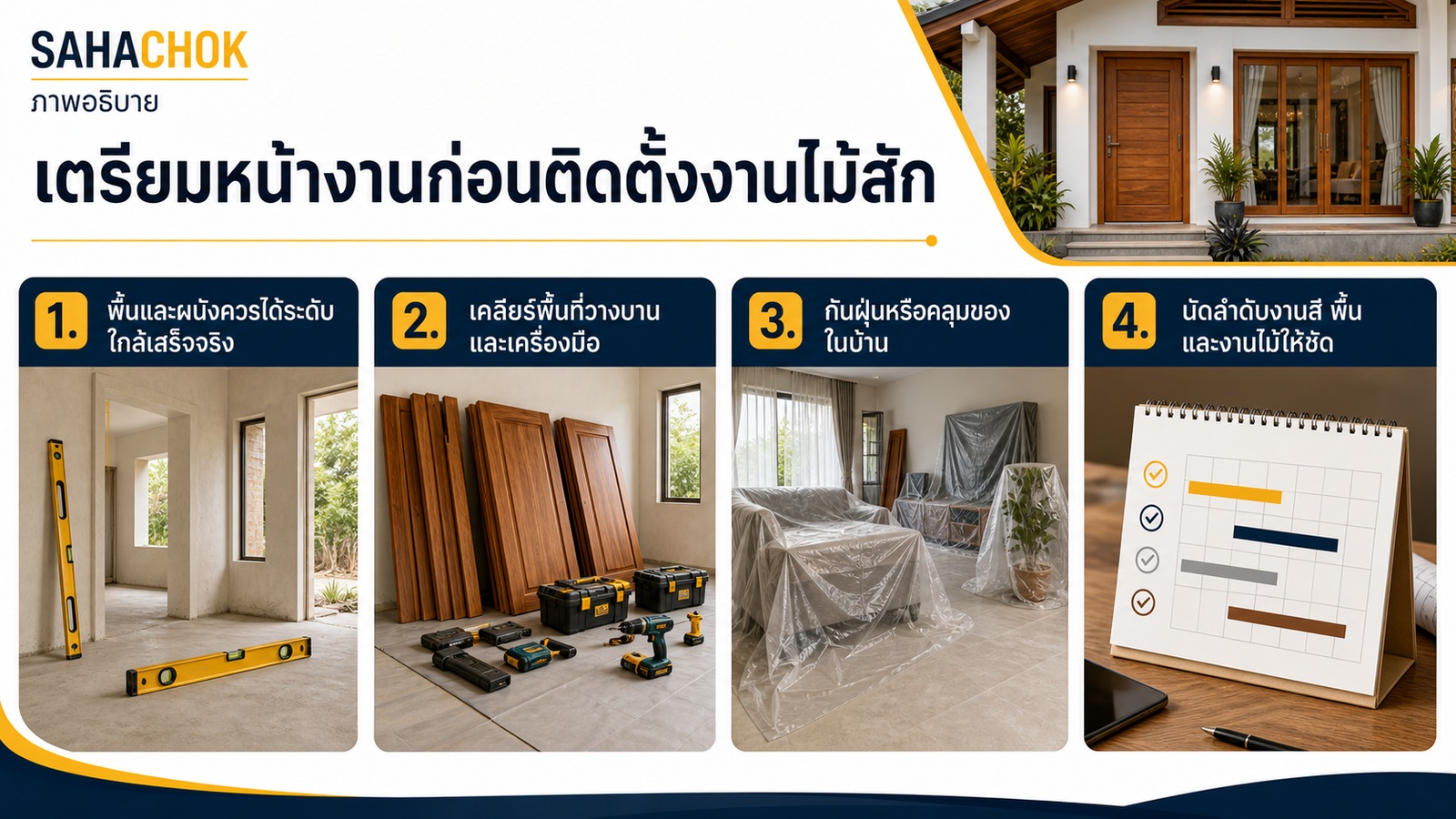 กราฟิกอธิบายประกอบบทความ เตรียมหน้างานก่อนติดตั้งงานไม้สัก ต้องเช็กอะไรบ้าง