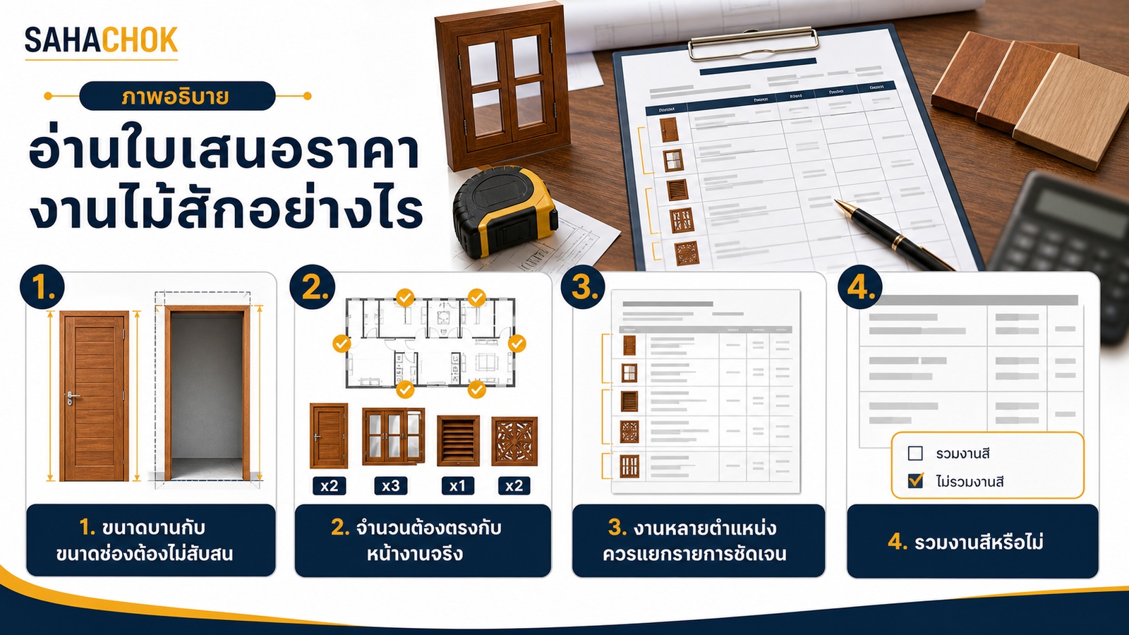 กราฟิกอธิบายประกอบบทความ อ่านใบเสนอราคางานไม้สักอย่างไร ไม่ให้พลาดรายละเอียดสำคัญ