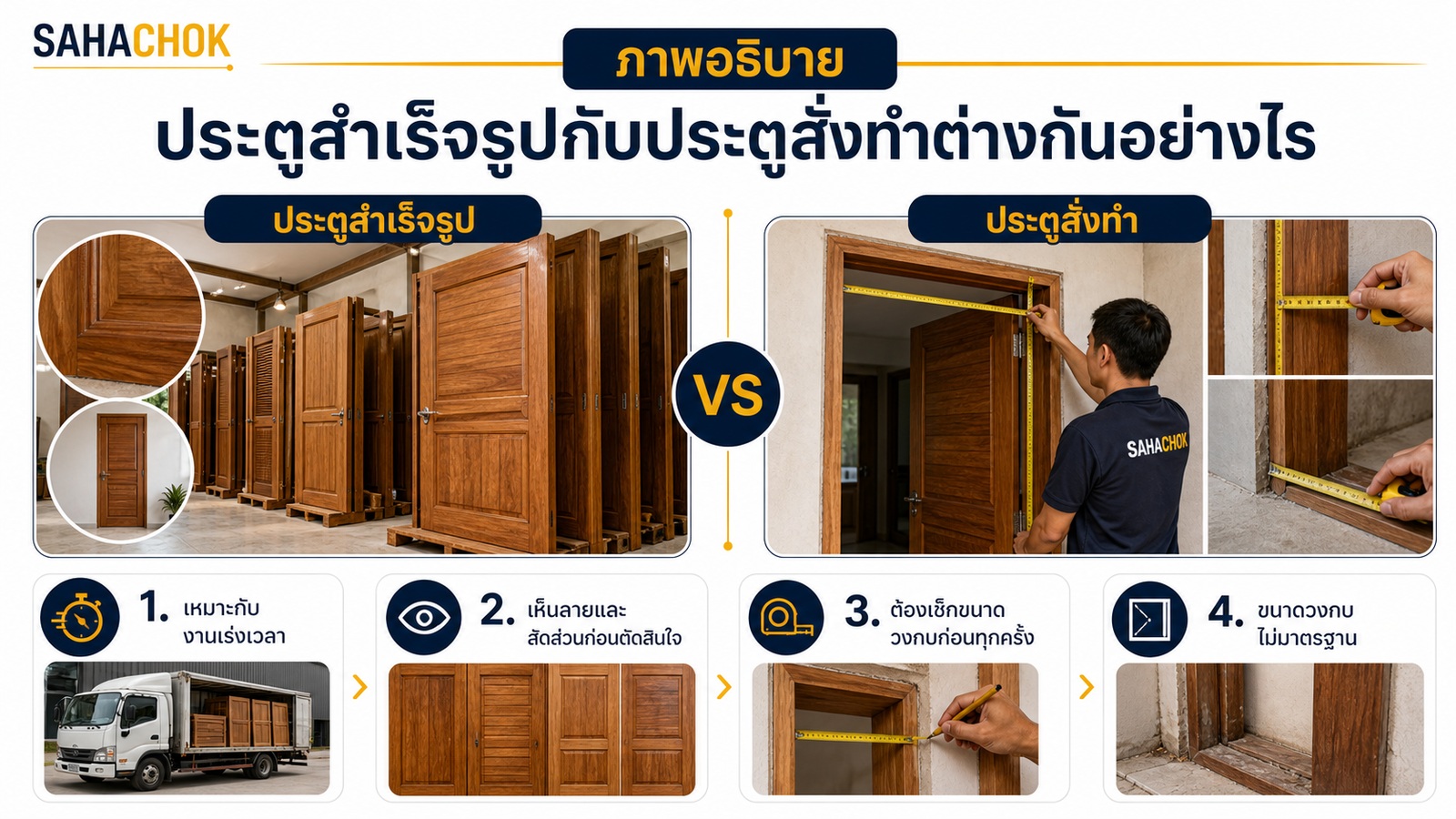 กราฟิกอธิบายประกอบบทความ ประตูสำเร็จรูปกับประตูสั่งทำต่างกันอย่างไร