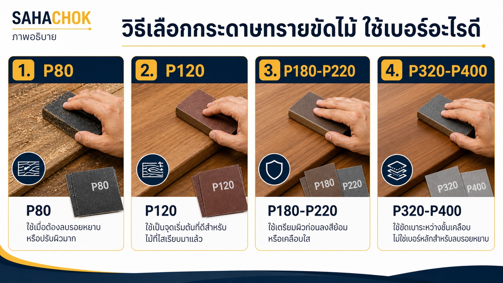 กราฟิกอธิบายประกอบบทความ วิธีเลือกกระดาษทรายขัดไม้ ใช้เบอร์อะไรดี
