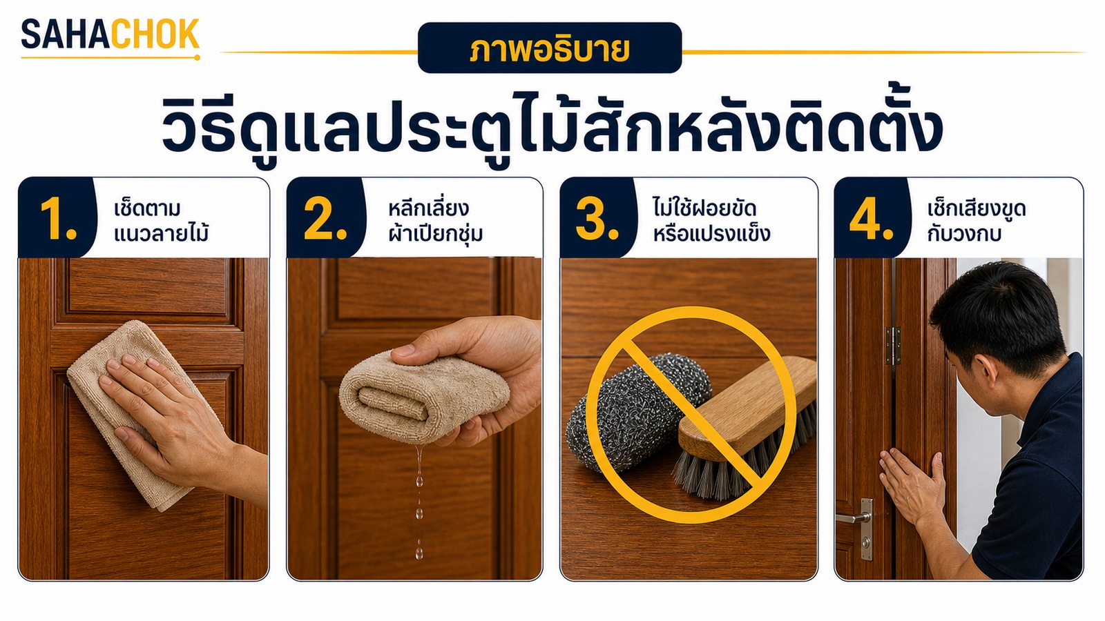 กราฟิกอธิบายประกอบบทความ วิธีดูแลประตูไม้สักหลังติดตั้ง