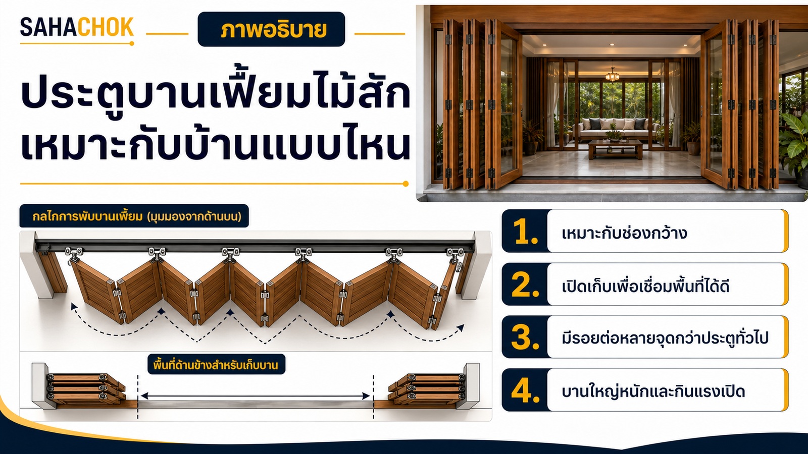 กราฟิกอธิบายประกอบบทความ ประตูบานเฟี้ยมไม้สักเหมาะกับบ้านแบบไหน