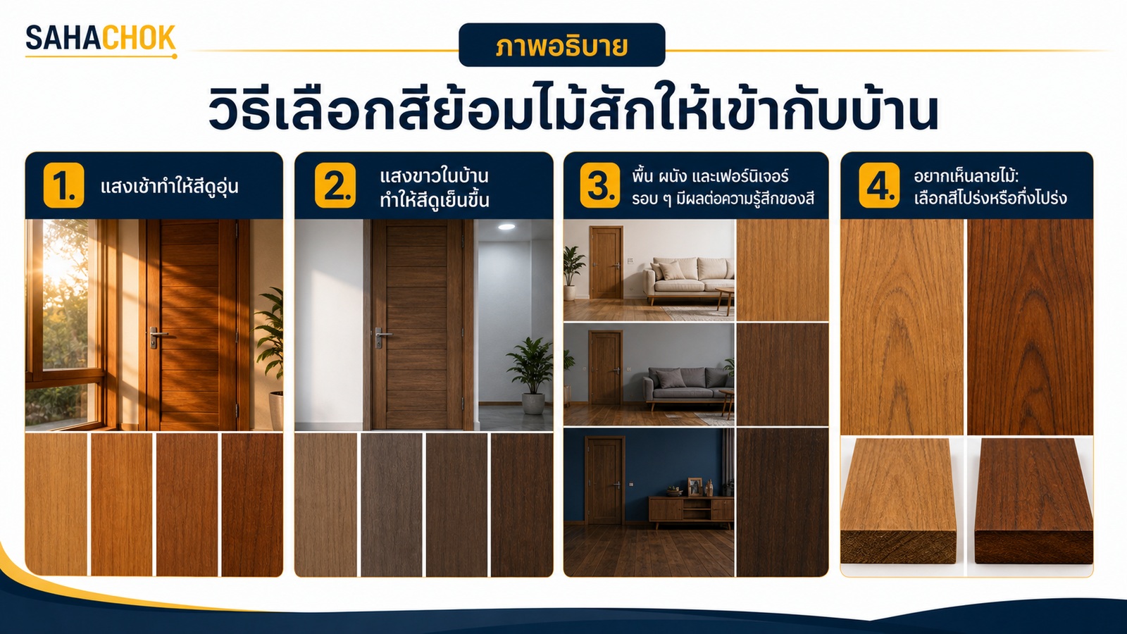 กราฟิกอธิบายประกอบบทความ วิธีเลือกสีย้อมไม้สักให้เข้ากับบ้าน