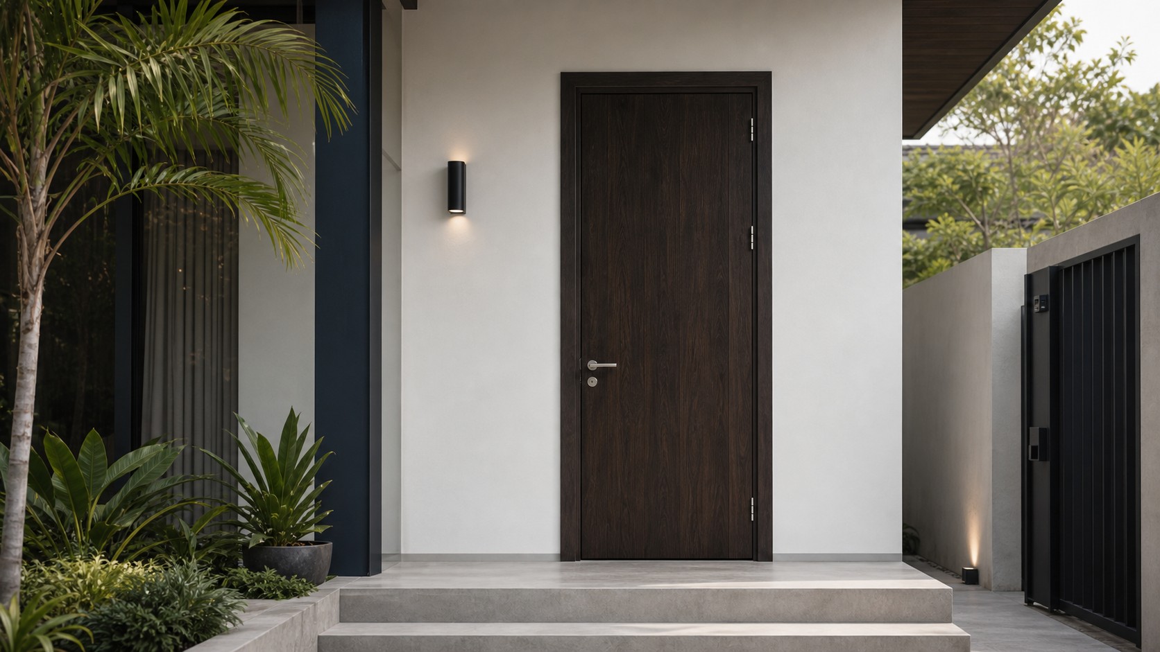 ประตูไม้สักสี สักน้ำตาล Brown Teak ในบ้านโทน เทาอ่อน