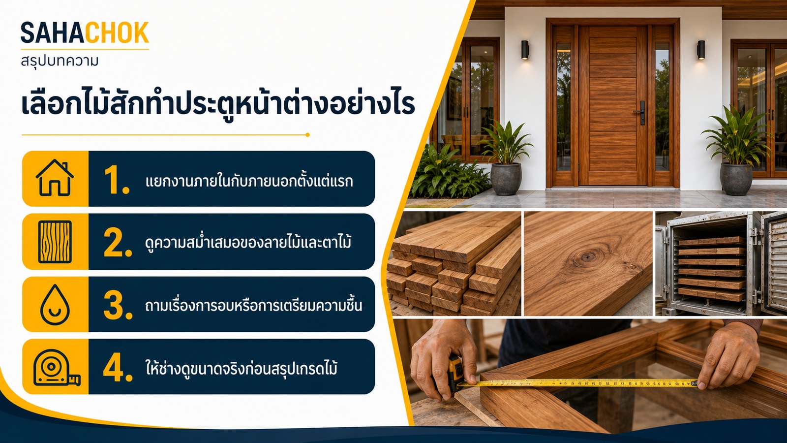 อินโฟกราฟิกสรุปบทความ เลือกไม้สักทำประตูหน้าต่างอย่างไร ให้เหมาะกับงานจริง