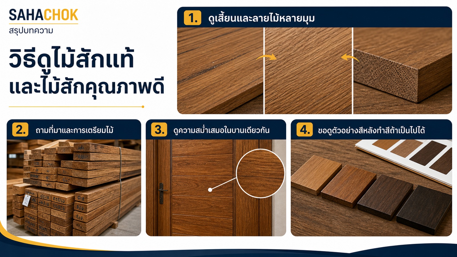 อินโฟกราฟิกสรุปบทความ วิธีดูไม้สักแท้และไม้สักคุณภาพดี ก่อนสั่งทำประตูหน้าต่าง