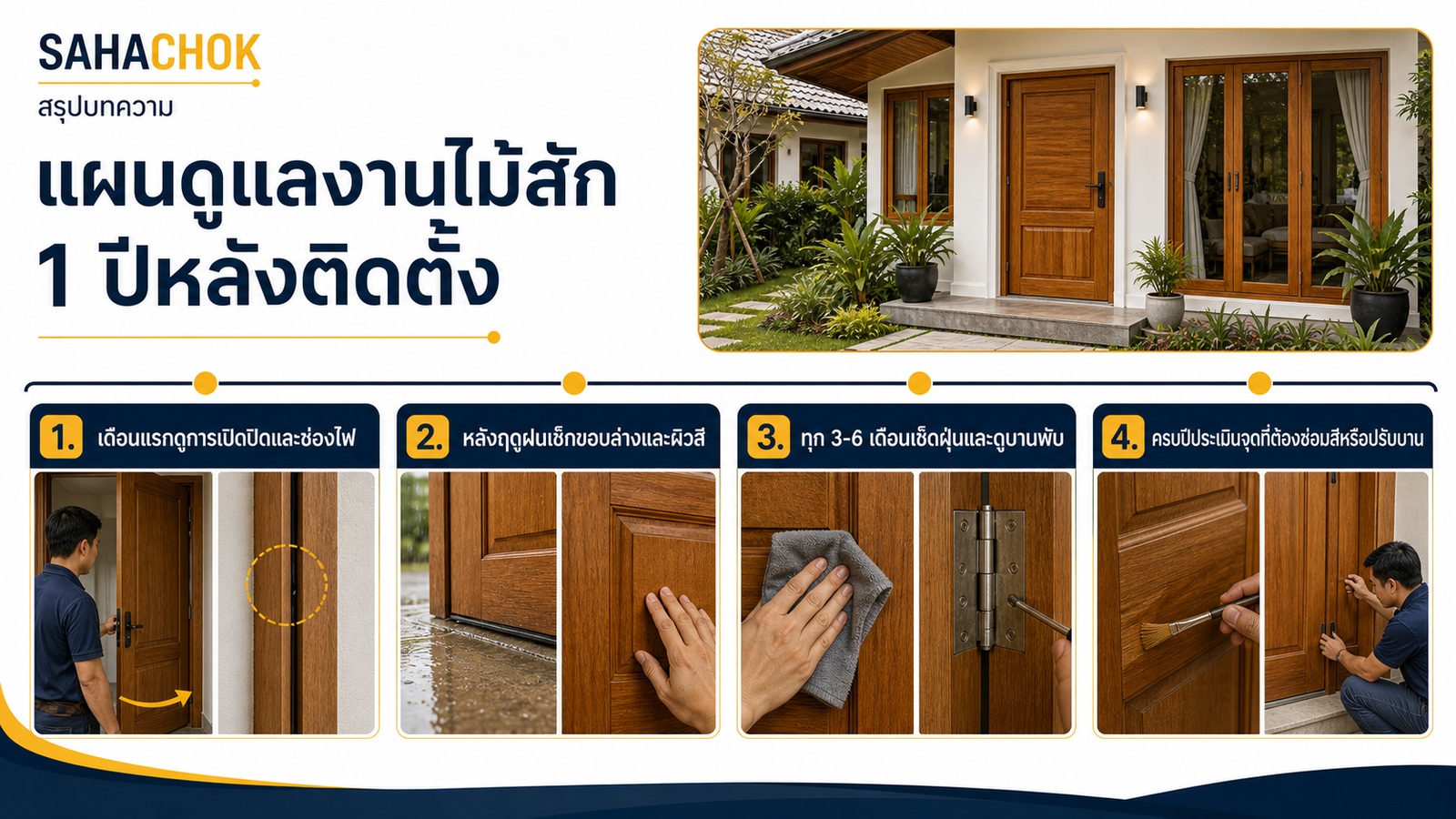 อินโฟกราฟิกสรุปบทความ แผนดูแลงานไม้สัก 1 ปีหลังติดตั้ง เช็กอะไรเมื่อไรบ้าง