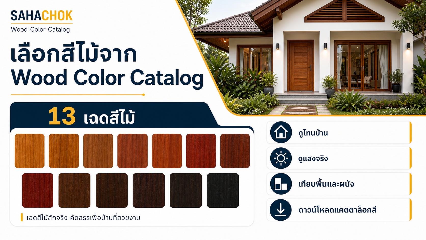 อินโฟกราฟิกสรุปบทความ คู่มือเลือกสีไม้สักจาก Wood Color Catalog ของสหโชค ให้เข้ากับสีบ้าน