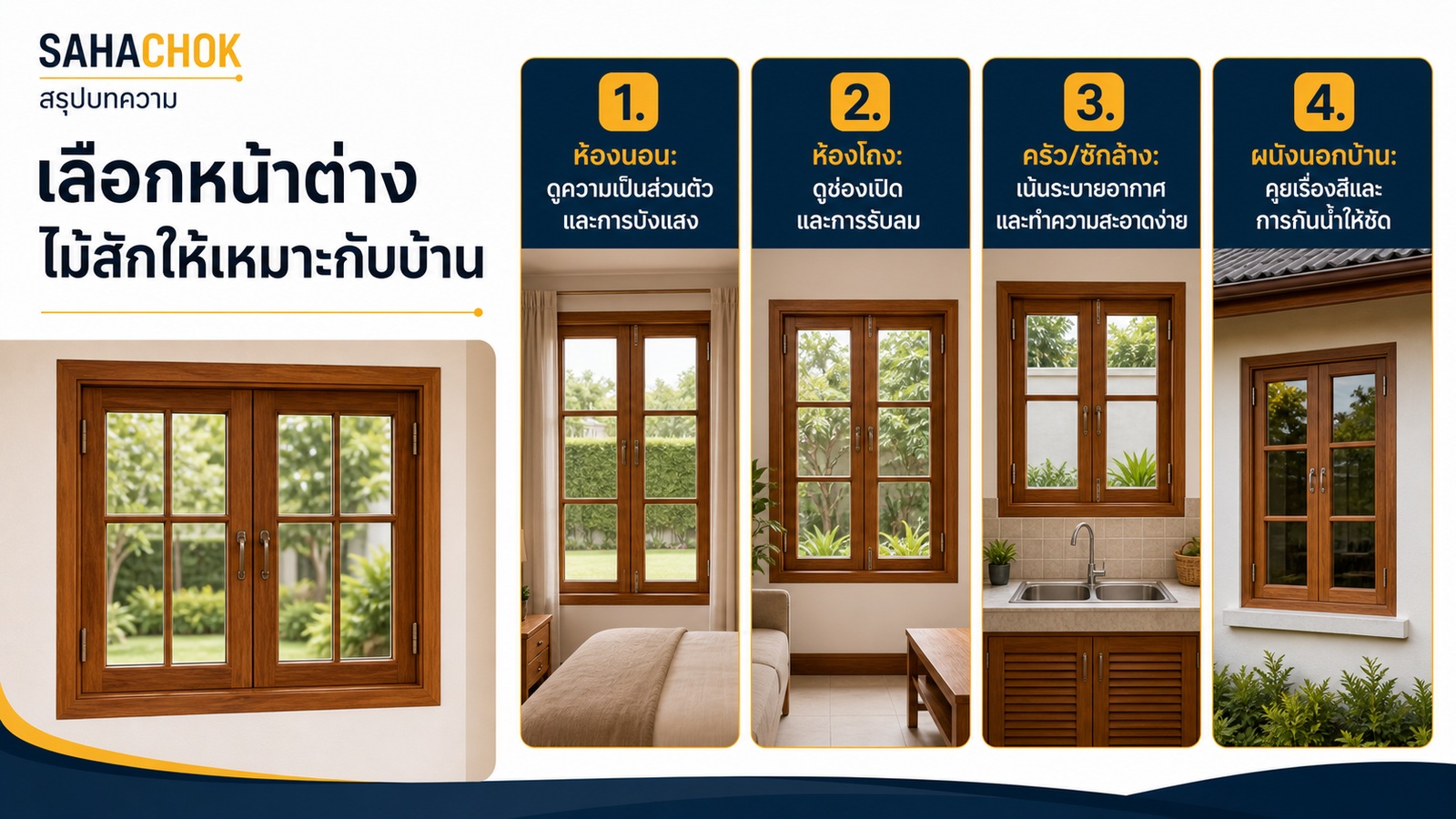อินโฟกราฟิกสรุปบทความ เลือกหน้าต่างไม้สักให้เหมาะกับบ้าน
