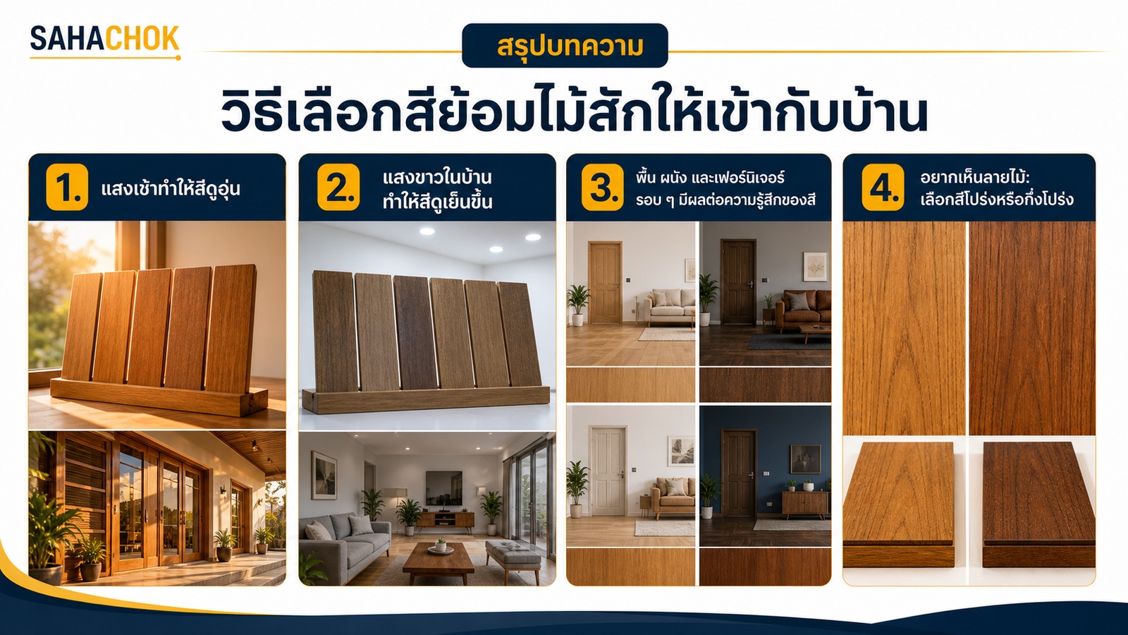อินโฟกราฟิกสรุปบทความ วิธีเลือกสีย้อมไม้สักให้เข้ากับบ้าน