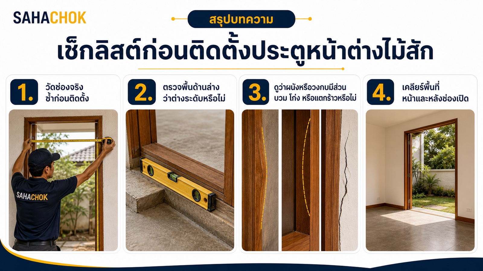 อินโฟกราฟิกสรุปบทความ เช็กลิสต์ก่อนติดตั้งประตูหน้าต่างไม้สัก